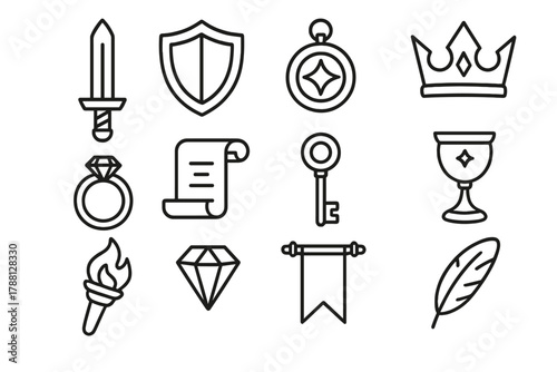 Legendary Artifacts Icons. Line style icons of Legendary Artifacts: Sword, Shield, Amulet, Crown; Ring, Scroll, Key, Chalice;