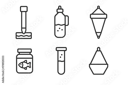 Marine Sampling Tools. Line style icons of marine sampling: sediment core, water bottle sampler, plankton net, specimen jar, test