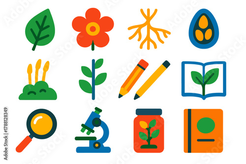 Botanical Study Icons. Flat vector icons of Botanical Study: plant leaf, flower, root, seed pod, moss, stem, pencil, sketchbook,