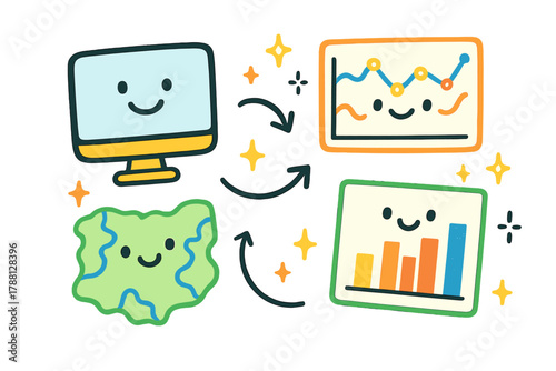 Doodle Satellite Visualization. Playful doodle satellite data visualization with smiling screens, cartoon graphs bouncing,