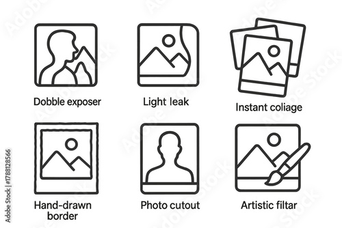 Creative Photography Icons. Line style icons of creative photography: double exposure, light leak effect, instant collage,