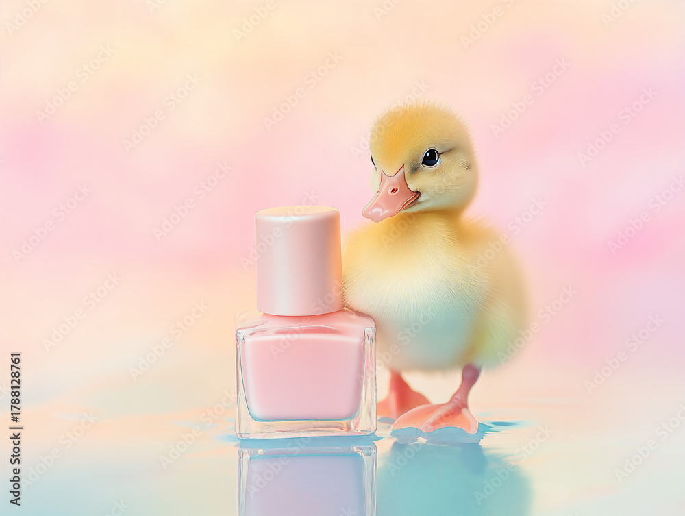 custom made wallpaper toronto digitalAdorable Yellow Duckling Standing Beside Pink Nail Polish Bottle on Reflective Pastel Surface