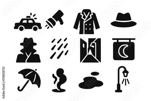 Nighttime Urban Symbols. Solid style icons of Night Patrol: Car, Flashlight, Trench Coat, Fedora, Shadow, Rain, Alley, Neon Sign,