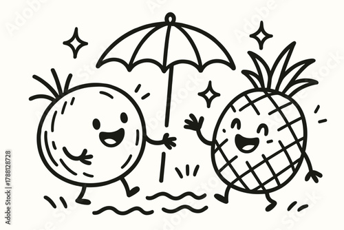 Chatting Fruits Delight. Playful doodle vector scene of a coconut and pineapple chatting joyfully under a doodle umbrella, with