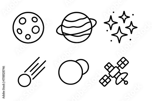Celestial Line Icons. Line style icons of celestial bodies: full moon, planet, star cluster, meteor, eclipse, satellite. No text,