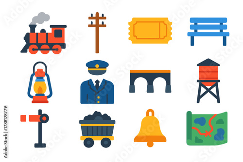 Historic Railway Icons. Flat vector icons of Historic Railways: steam locomotive, telegraph pole, old ticket, station bench,