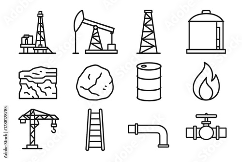Fossil Fuel Icons. Line style icons of Fossil Fuel Extraction: Oil Drill, Pump Jack, Derrick, Storage Tank; Shale, Rock, Barrel,
