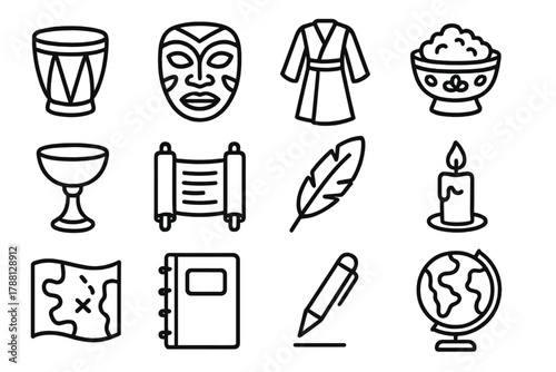 Cultural Icons Display. Line style icons of Cultural Recording: Drum, Mask, Costume, Offering; Ritual Object, Scroll, Feather,