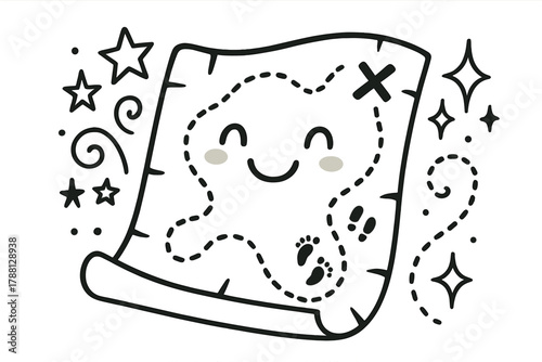 Whimsical Treasure Map. Whimsical doodle vector illustration of a smiling treasure map with playful doodle paths, stars, and tiny