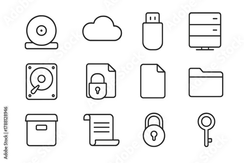 Digital Preservation Icons. Line style icons of Digital Preservation Tools: Backup Disk, Cloud, USB, Server; Hard Drive,