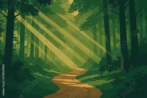 Sunlit Forest Path. Sunlight streaming through dense forest trees, creating dramatic vector illustration beams of light over a