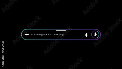 Minimal dark theme search interface with voice assistant icon and typing animation, “Ask AI to generate something” (4K)