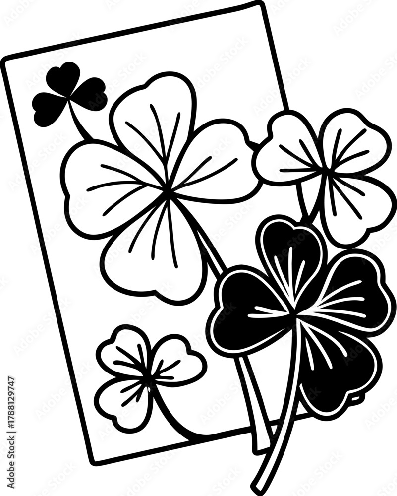 Obraz premium Outlined clover leaves illustration simple botanical black and white design with four leaf and three leaf clovers