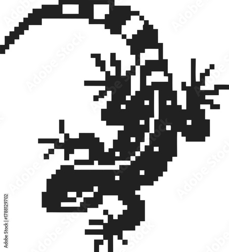 Pixel art lizard illustration, black and white salamander design, retro digital reptile animal, minimalist 8 bit