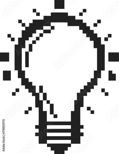 Pixel lightbulb symbolizing creative ideas and innovation digital inspiration icon, minimal black and white design, bright concept