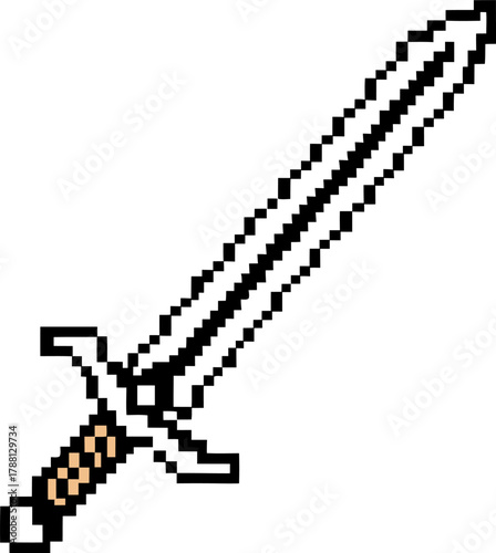 Pixel art sword with silver blade and crossguard retro gaming weapon, isolated on white, medieval fantasy concept