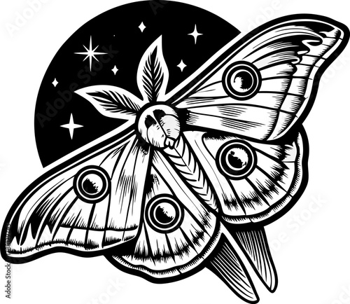 Mystical moth illustration with lunar background vintage nocturnal insect, stars, black and white celestial design