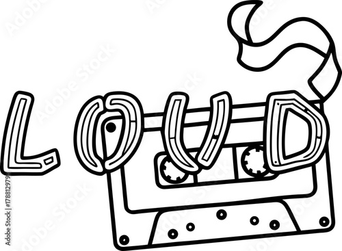 Cassette tape with unwinding tape spelling loud, retro music audio concept, black and white doodle illustration, nostalgic sound art