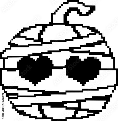 Pixel art halloween pumpkin with heart eyes and mummy bandages cute spooky retro black and white digital illustration