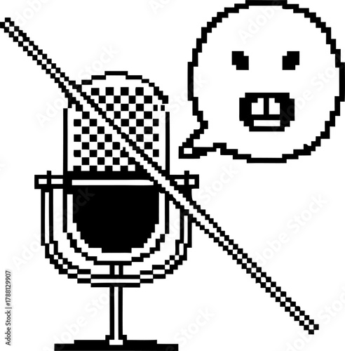 Muted microphone with angry speech bubble pixel art icon, audio censorship or silencing abusive language, digital communication