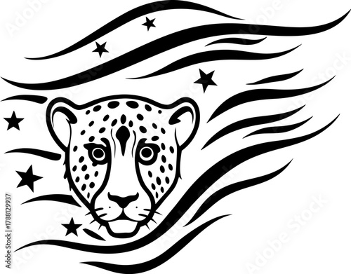 Cheetah face with stars and flowing lines black wild cat illustration, abstract pattern, speed, and strength concept