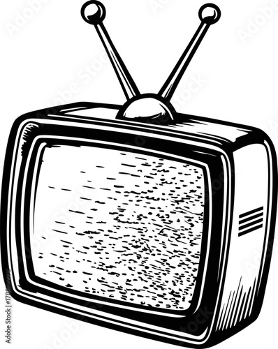 Retro television with static noise on screen vintage analog tv, wood grain cabinet, old broadcast technology illustration