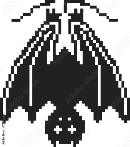 Pixel art bat silhouette, retro 8 bit style, hanging upside down with spread wings and cute face for halloween or gaming