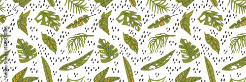 Exotic seamless textile with tropical jungle monster palm leaves print.