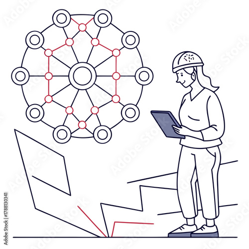 A female engineer wearing a hard hat uses a tablet to analyze a complex circular network diagram and geometric construction plans