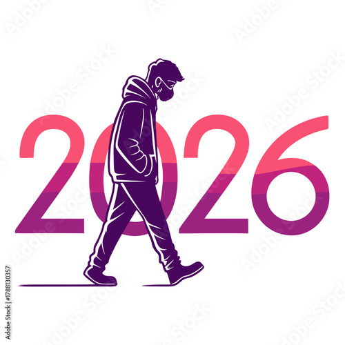 A person wearing a face mask walks forward towards the year 2026 symbolizing hope and a new beginning after challenging times