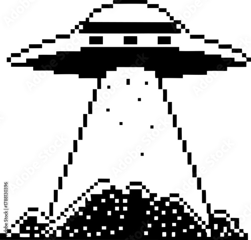 Pixel art illustration of flying saucer abducting ground, retro sci fi ufo, alien spaceship, vintage extraterrestrial beam