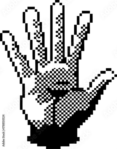 Pixelated open human hand illustration on white background digital retro bitmap style, black and white dotted art concept