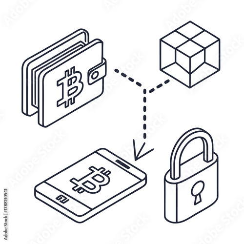 Digital bitcoin wallet connected to a smartphone and blockchain cube with a security padlock symbolizing cryptocurrency transaction security and data protection