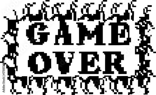 Retro pixel game over sign with dancing pixelated characters 8 bit black and white digital design, gaming nostalgia concept