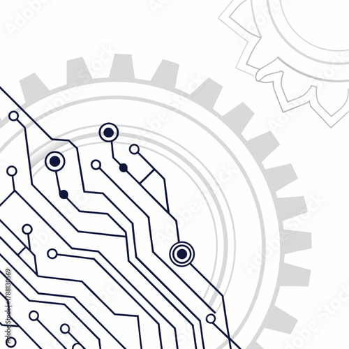 Abstract technological background featuring a complex circuit board design with interconnected lines and nodes overlaying stylized grey gears and concentric circles