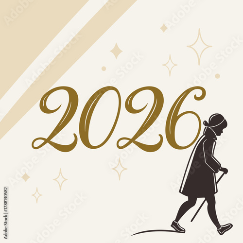Elegant silhouette of a person walking with a cane against a backdrop of the year 2026 and sparkling starbursts symbolizing progress and future aspirations