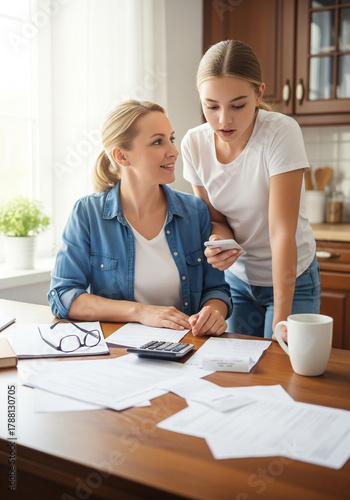 A mother and daughter reviewing documents and using a calculator at a kitchen table, discussing finances