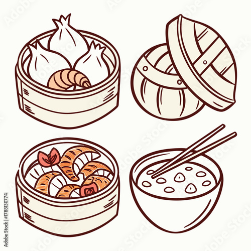 A charming hand drawn illustration featuring a collection of delicious asian food items including dumplings in bamboo steamers shrimp dumplings and a bowl of soup with chopsticks