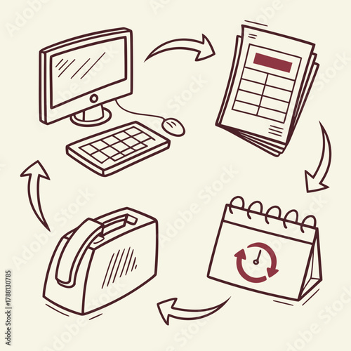 Doodle style illustration of a computer documents calendar and tape dispenser connected by circular arrows representing workflow and process