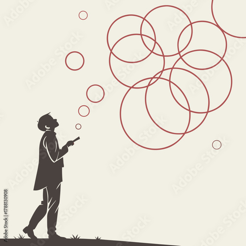 Silhouette of a man holding a device and looking up at a cluster of red circles representing thoughts or ideas floating in the air