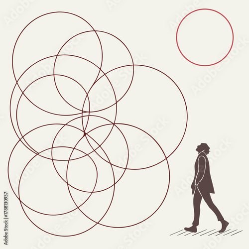 A solitary figure walks thoughtfully beneath a complex geometric pattern of overlapping circles and a single red circle in the sky