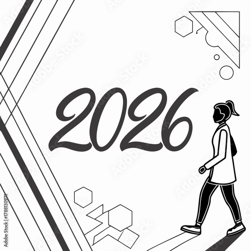 A young woman walks towards the year 2026 with abstract geometric shapes and lines symbolizing progress and future possibilities