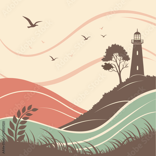 Stylized vintage landscape featuring a solitary lighthouse on a hill overlooking rolling hills and a serene sky with soaring birds and flowing abstract lines