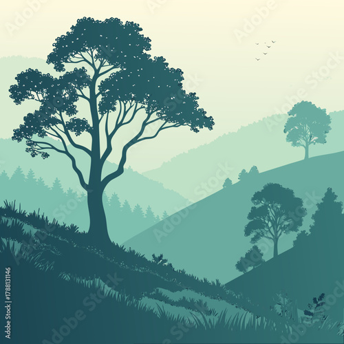 Serene and tranquil rolling hills landscape with silhouetted trees and grass in muted teal and green tones under a soft sky with flying birds