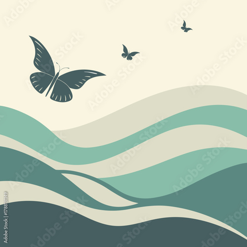 Serene landscape with flowing abstract waves in muted green and beige tones and three delicate dark teal butterflies gracefully flying across the sky