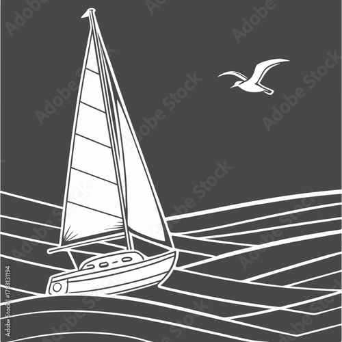 A graceful white sailboat glides across stylized blue waves under a dark sky with a solitary seagull soaring above