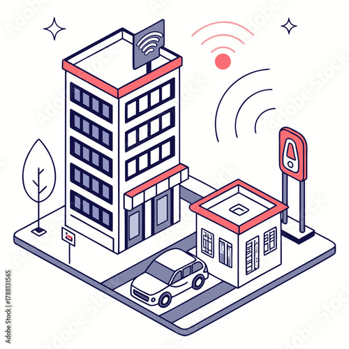 Isometric illustration of a smart city with connected buildings a car and wireless signals emanating from a building rooftop symbolizing technology and urban connectivity
