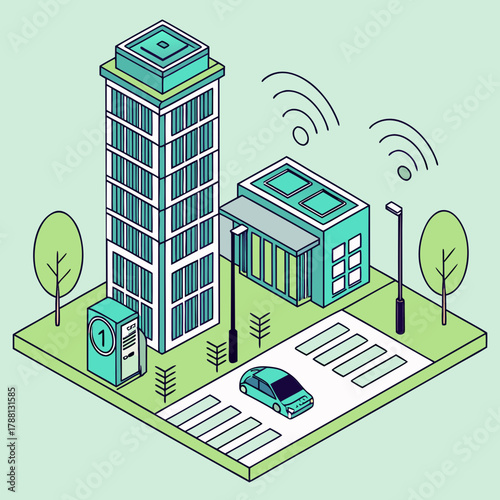 Isometric illustration of a smart city with modern buildings a self driving electric car streetlights trees and wireless connectivity signals representing future urban development and technology