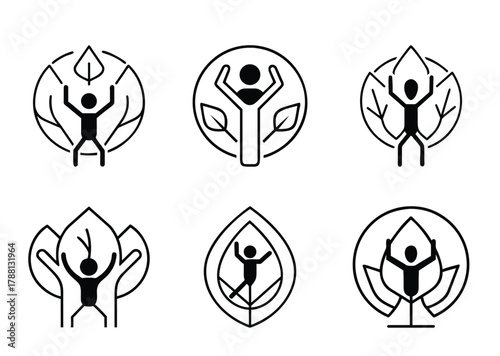 Six stylized icons representing humans surrounded by nature and environmental sustainability