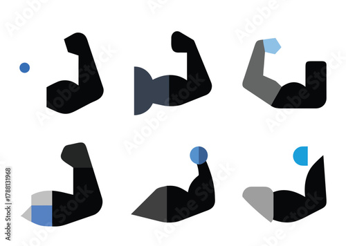 Stylized arm flexing icons in different color schemes on a white background